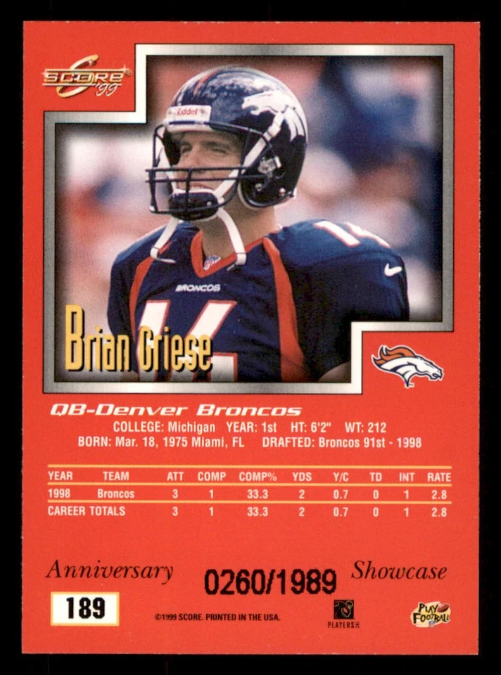 1999 Score Showcase #189 Brian Griese /1989 - Image 2 of 2