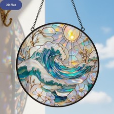Ocean Wave Stained Glass Suncatcher, 2D Flat Ocean Wave Window Hanging Decor