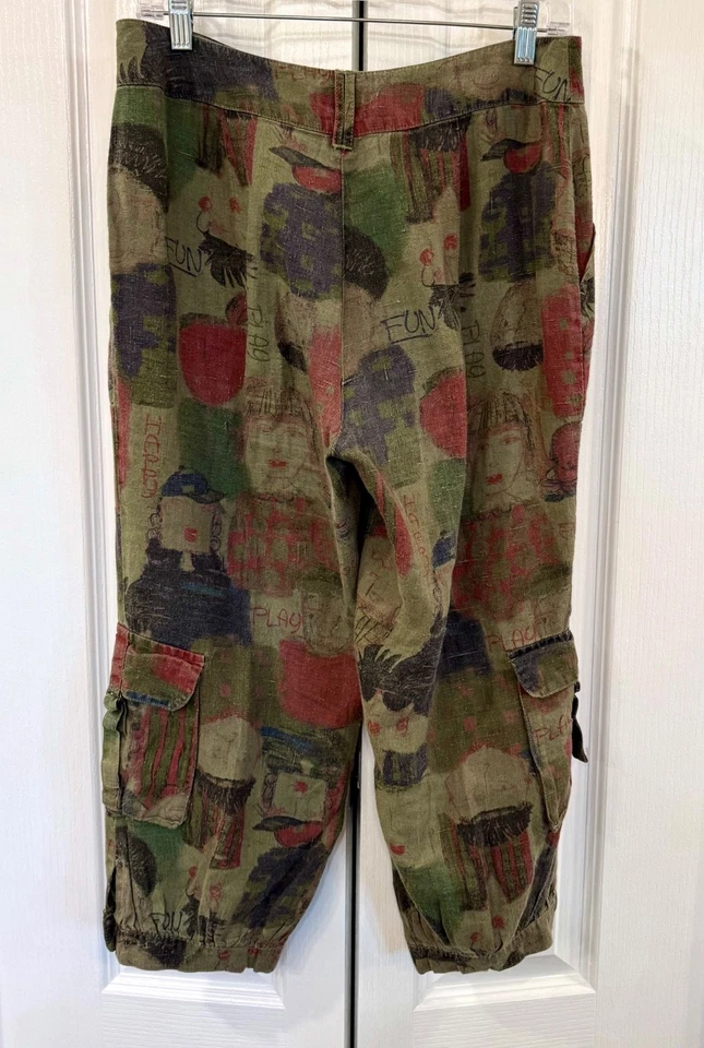 Chico's 尺寸 1 (8) 100% 亚麻,货物卡普里,艺术印花秋色,4 个口袋 — 第 3/4 张图片