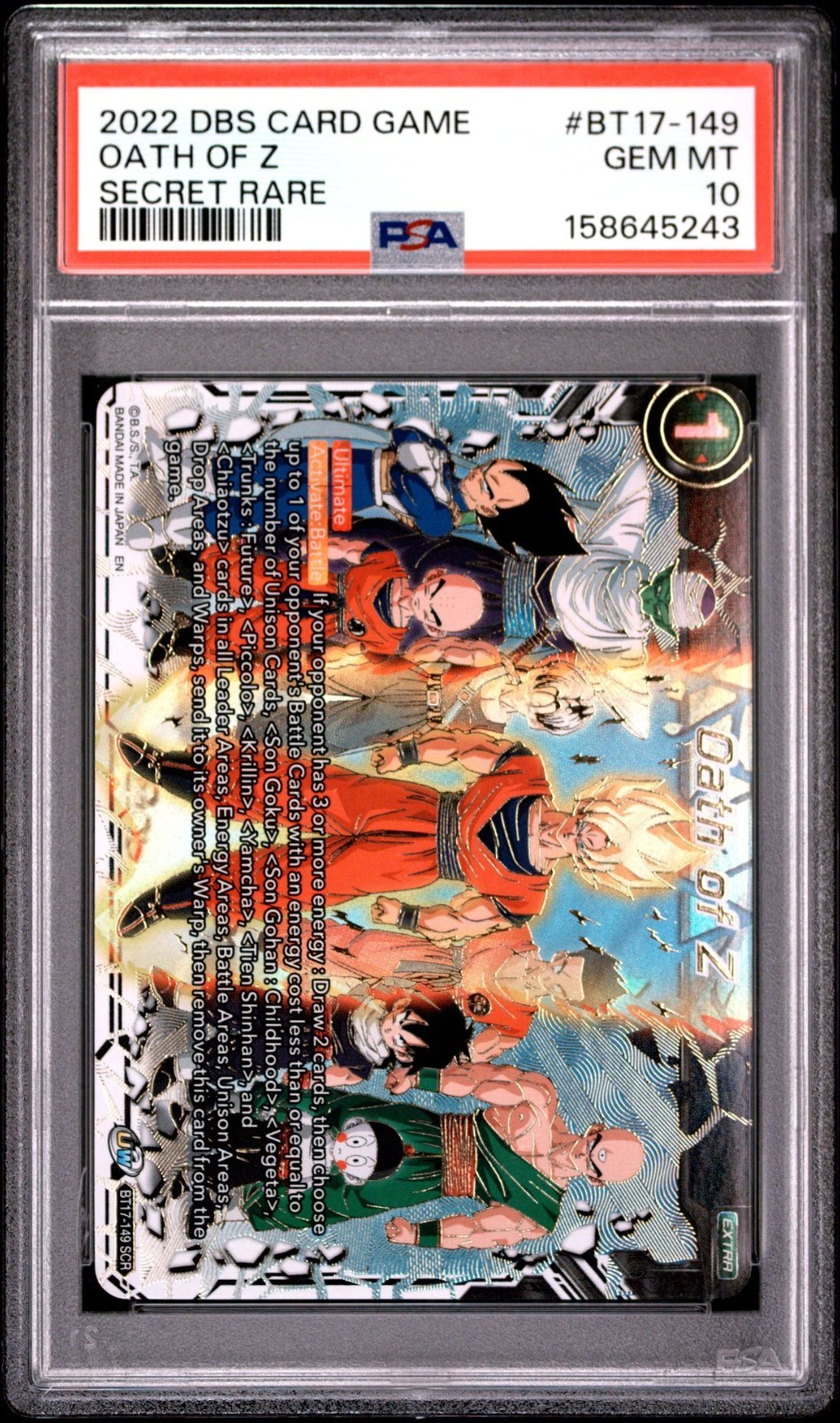 2022 Dragon Ball Super Card Game S 17 Ultimate Squad Oath Of Z PSA 10 #BT17-149 view 1