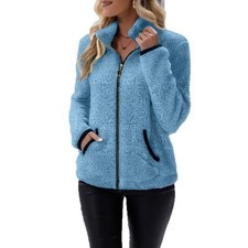 Womens Plush Fleece Zip Up Jacket Stand Collar Warm Winter Coat Pockets Blue
