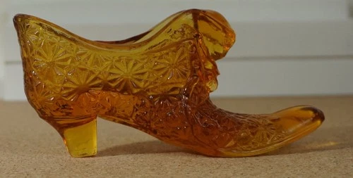 Vintage Fenton Amber Daisy Button Cat Head Slipper Shoe Art Glass