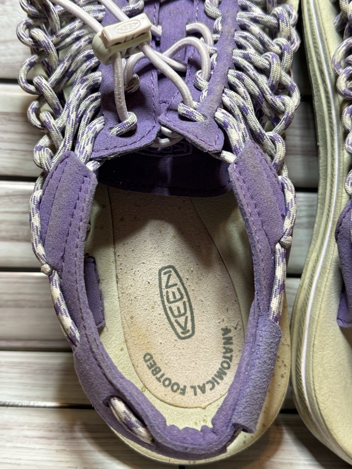 Sandali donna Keen Uneek elasticizzati intrecciati in corda viola e bianco taglia unica 10 rari