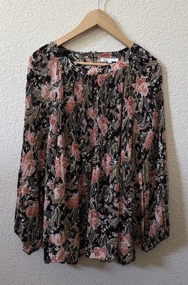 DR2 Daniel Rainn Women s 2X Pleated Floral Flowy Long Sleeve Blouse Top
