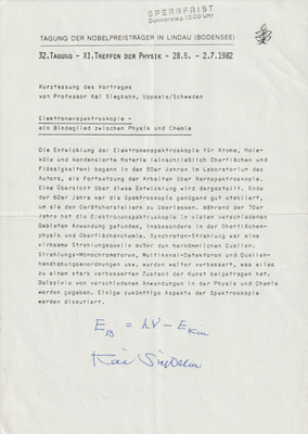 Nobelpreisträger Karl Siegbahn, orig sign Tagungs Kurzfassung