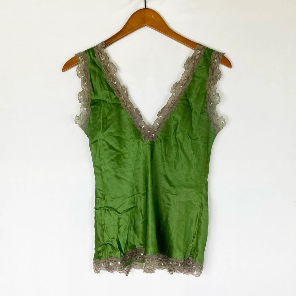 Винтажный золотой ястреб шелк кружева V шеи блузка зеленый атлас блузка легкий размер S - Изображение 3 из 4