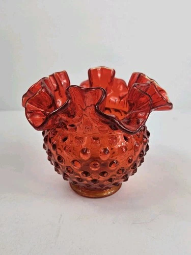 Vintage Fenton Red Orange Amberina Hobnail Ruffled Rose Bowl Vase