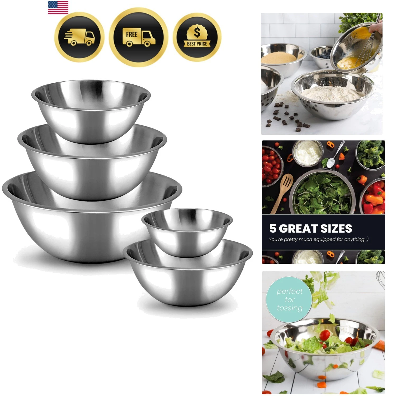 Meal Prep Stainless Steel Mixing Bowl 5-Piece Set Home, Refrigerator, and Kit...