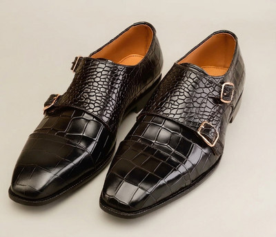 HANDMADE MEN BLACK CROCODILE LEATHER DRESS SHOES DOUBLE MONK STRAP