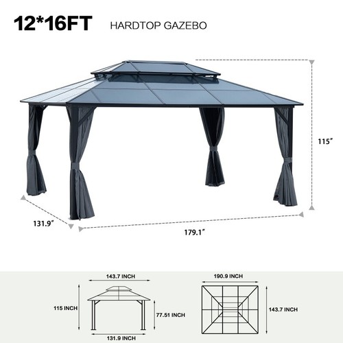 12x16FT Gazebo Double Roof Canopy Outdoor Shelter Aluminum Frame Hardtop Canopy - Picture 2 of 20