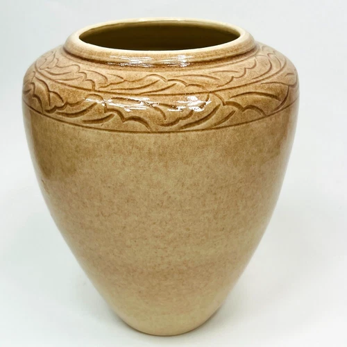 Arts and Crafts Studio Pottery Vase Sandy Peach Glaze with Leaves 7 T by 6 W in