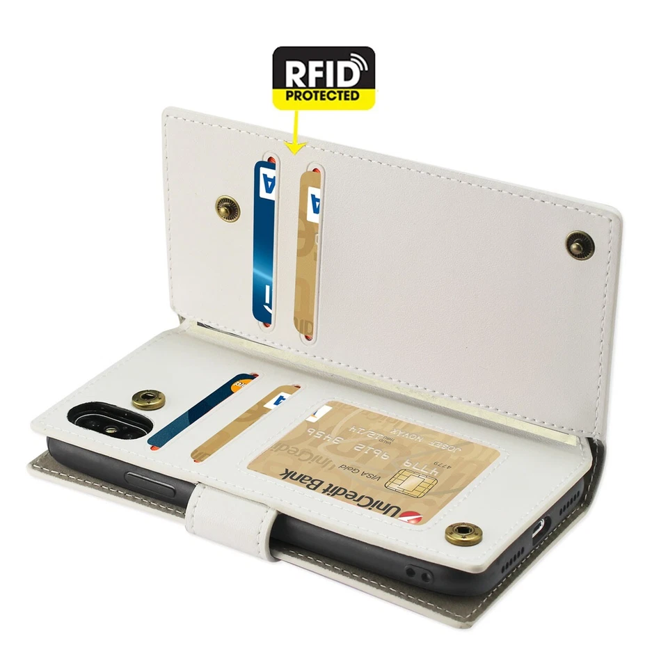 Funda tipo billetera de cuero para iPhone X con protección para tarjeta RFID cierre magnético marfil Foto 3 de 4