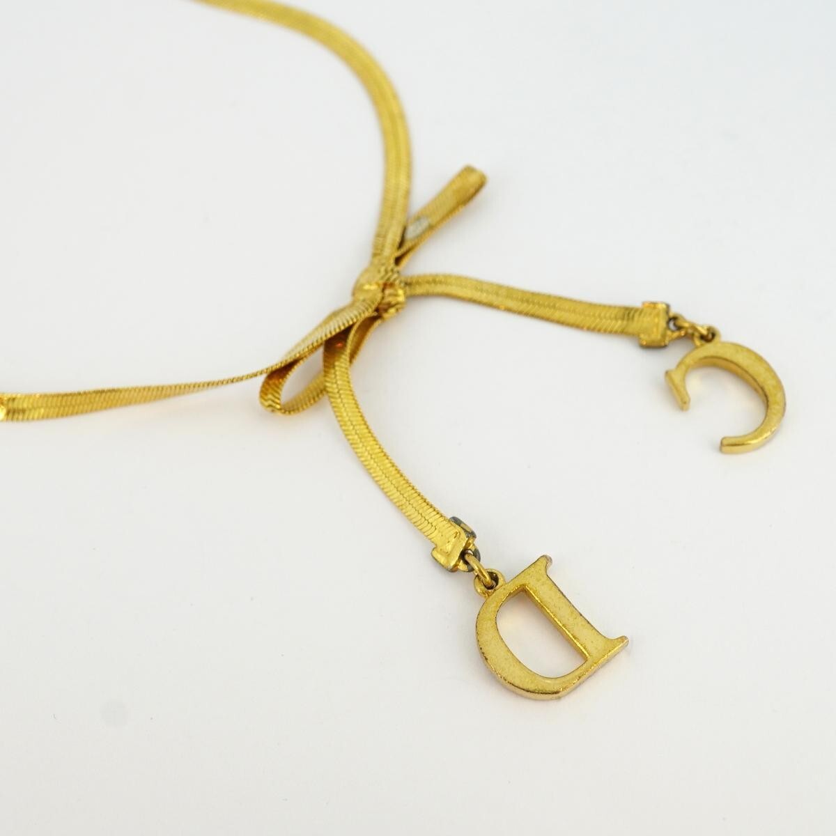 Christian Dior Vintage Ribbon CD Charm Choker Necklace Gold Christian Dior Vintage Ribbon CD Charm Choker Necklace Gold