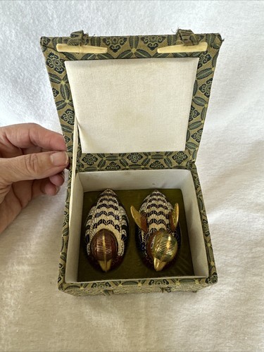 Coppia di scatole portagioie vintage Cloisonné ottone smaltato mandarino anatra uccellino con scatola - Foto 22 di 23