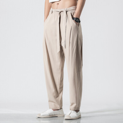 Men Baggy Loose Linen Harem Pants Belted Chinese Kung Fu Tai Chi Trousers Sports