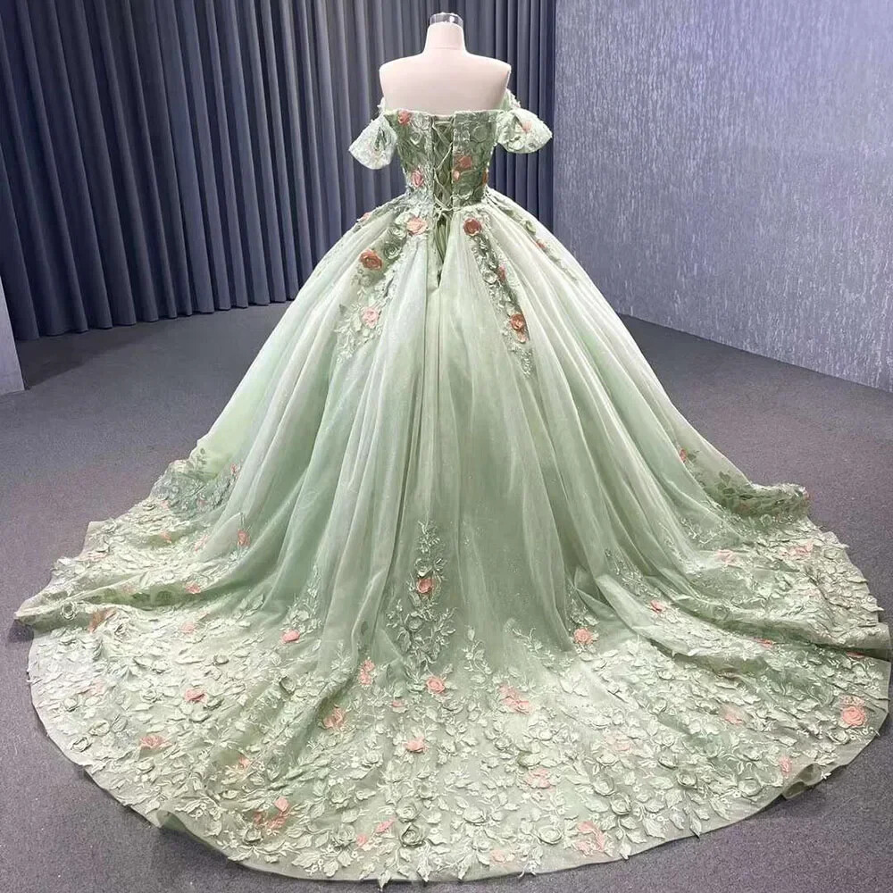Green Appliques Flower Wedding Dress Elegant Off the Shoulder Flowers Ball  Gowns
