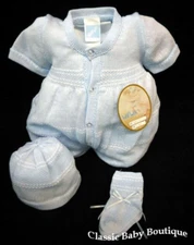 NWT Will'beth Blue 3pc Knit Button Jon Romper Preemie Baby Boys Hat Booties 00