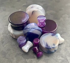 PAIR Purple Striped Agate Stone Plugs Organic Double Flare Gauges Guages