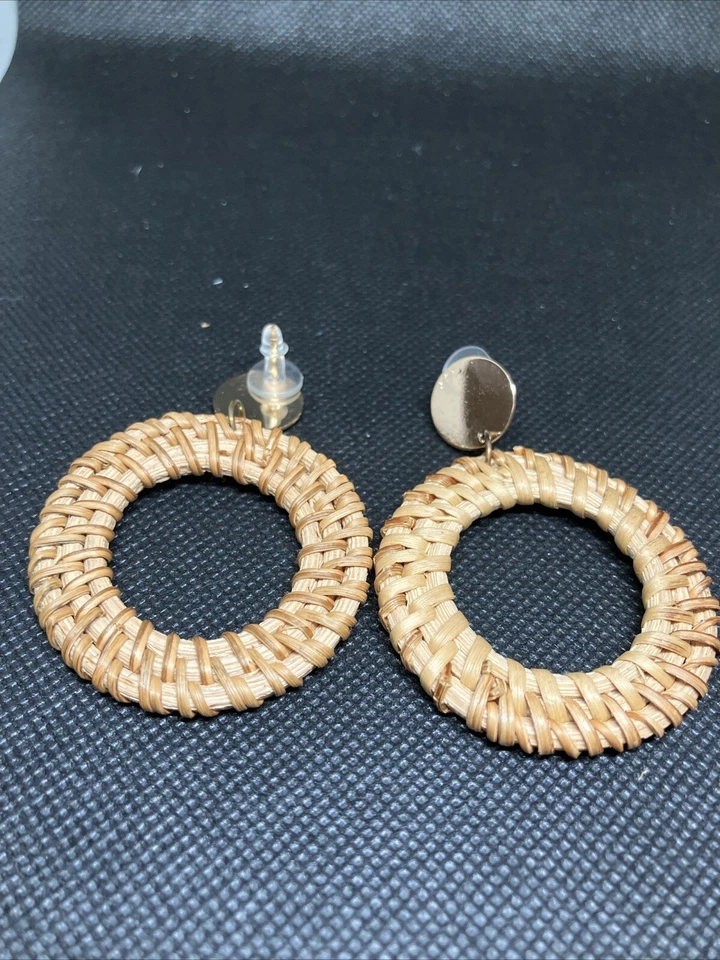 Pendientes colgantes gruesos de ratán circular de moda #408 Foto 3 de 4