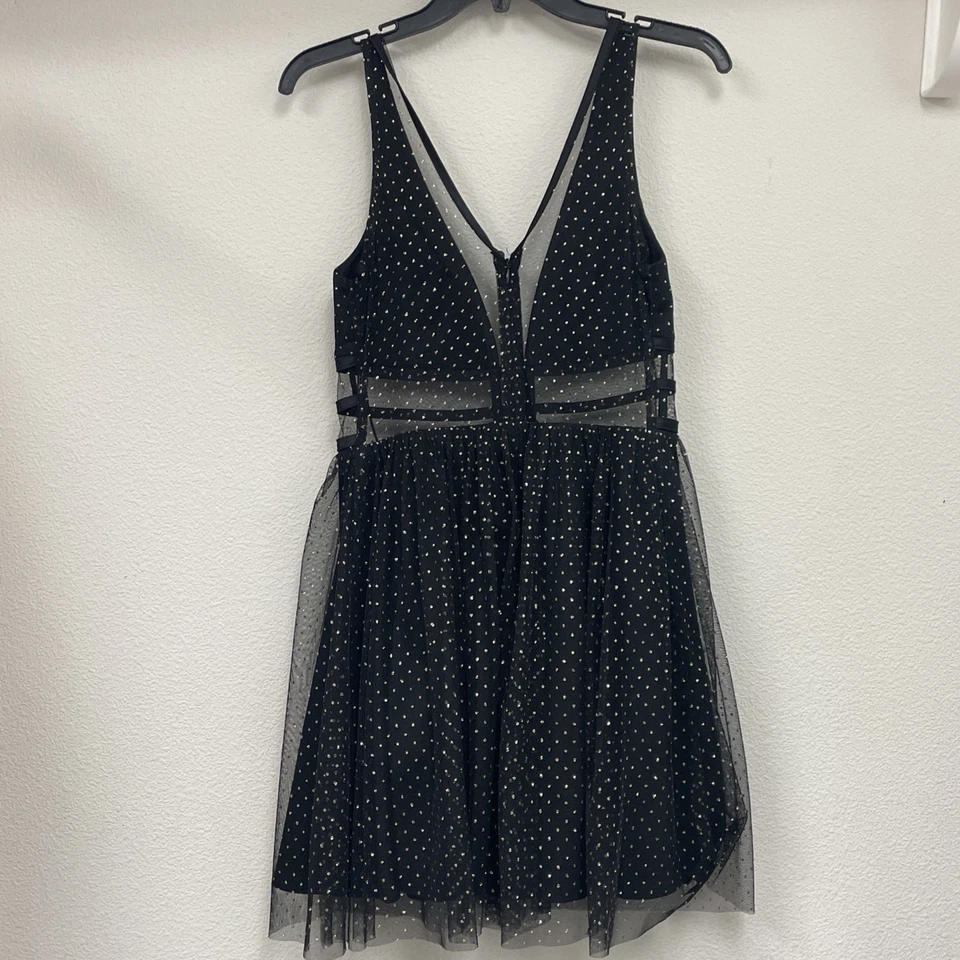 Black Sleeveless Dress with Sheer Mesh Overlay and Gold Polka Dot Design Sz 7 - Image 2 of 4