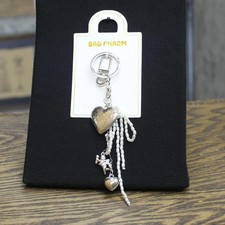 key Ring Heart Locket Charms Beaded Bow Bag Charm Silver Gray / White 6.5"