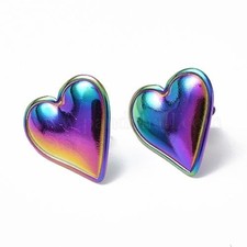 RAINBOW TITANUIM COATED STAINLESS STEEL HEART STUD EARRINGS 21x20MM E727