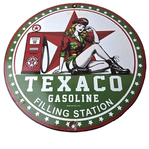 Vintage Texaco Pin Up Gas Pump Porcelain Sign - Filling Station Attendant Sign