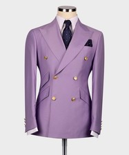 Men's Purple Double-Breasted 2 Piece Suit Set with Gold Buttons, Peak Lapel
