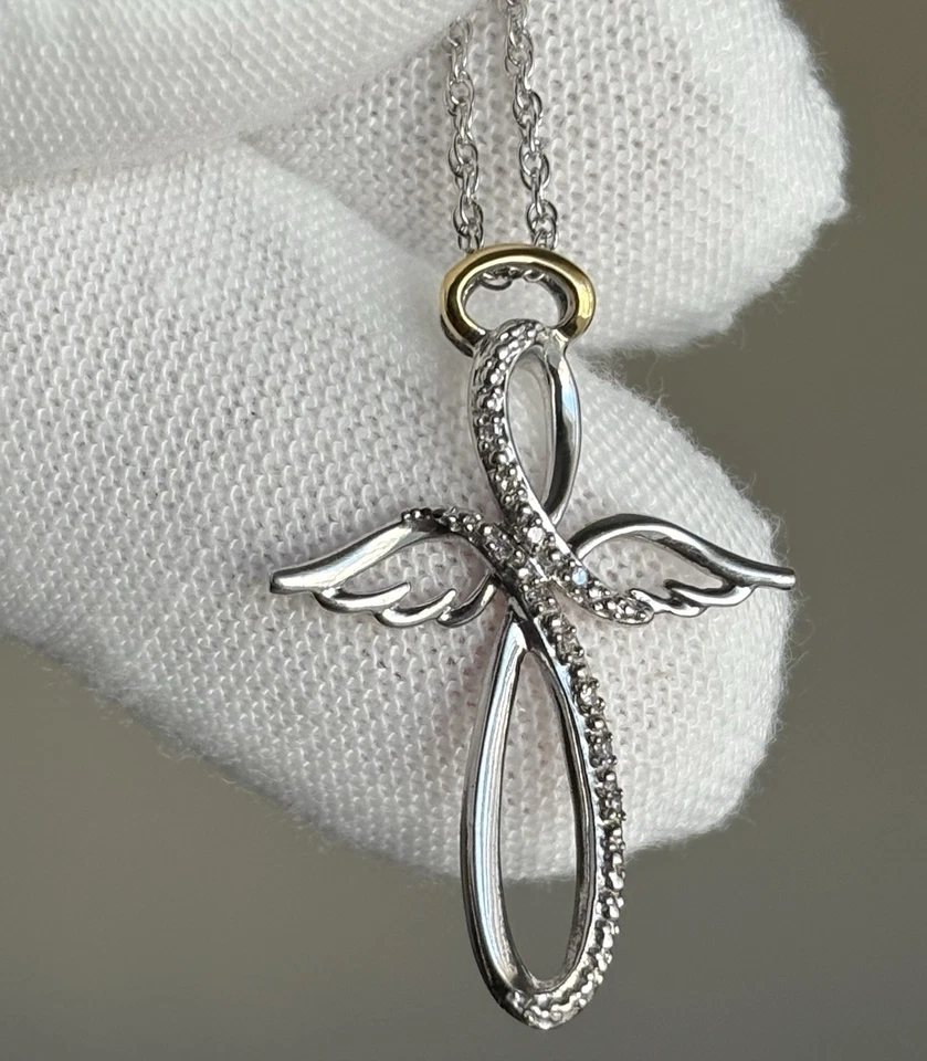 纯银 925 钻石天使翅膀十字架吊坠链项链 18 英寸 RL — 第 3/4 张图片