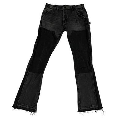 MNML Mens Carpenter Jeans Black Denim Patchwork 34x36 Distress Raw Hem Utility