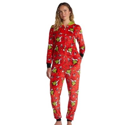 The Grinch Women s Minky Union Suit Pajamas with Pockets,Red, X-Small