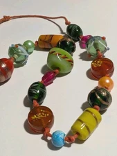 VINTAGE Colourful Murano Style Artisan Glass Beaded Necklace Boho Retro Chunky