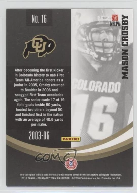 2016 Panini Colorado Buffaloes Mason Crosby #16 - Image 2 of 2