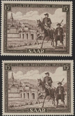 Saar 1951 Stamp Day - Mail Carriers 15f, 2 shades. mint VLMM/MNH - Image 1 of 2
