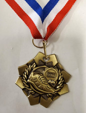 Great GOLD medal, 2" diam, ribbon-R, W  B, track, running, w/ engraving