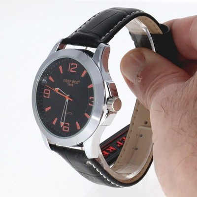Men's Quartz Watch Silver Tone See Through Back, Black Leather Band Watch