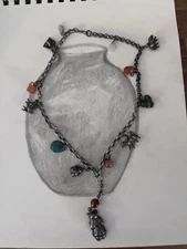 Antique Chinese Silver Repousse Bracelet Necklace with Precious Stones Charms