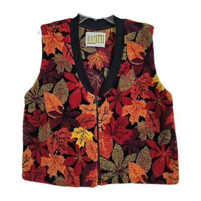 Duffel Outdoor Vest Womens Lg Multi Autumn Leaf Fleece Full Zip Sherpa Vintage