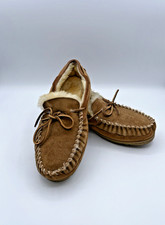 LL Bean Wicked Good Moccasins Slippers Men's Sz 9W Brown Suede Shearling 264593