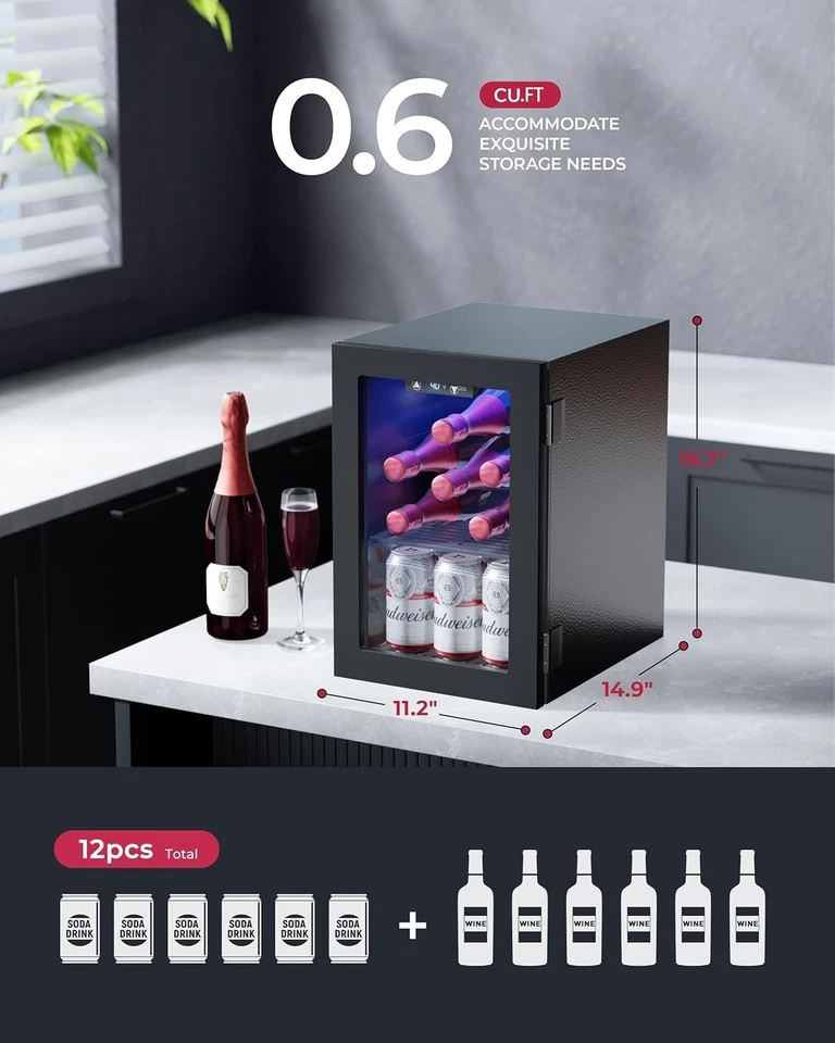 6 Bottles and 6 Cans Compact Beverage Refrigerator, Freestanding Mini Fridge wit - Image 4 of 4