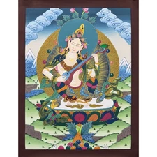 Black and Gold Saraswati Thangka Painting, For Home Decoration and Shrine