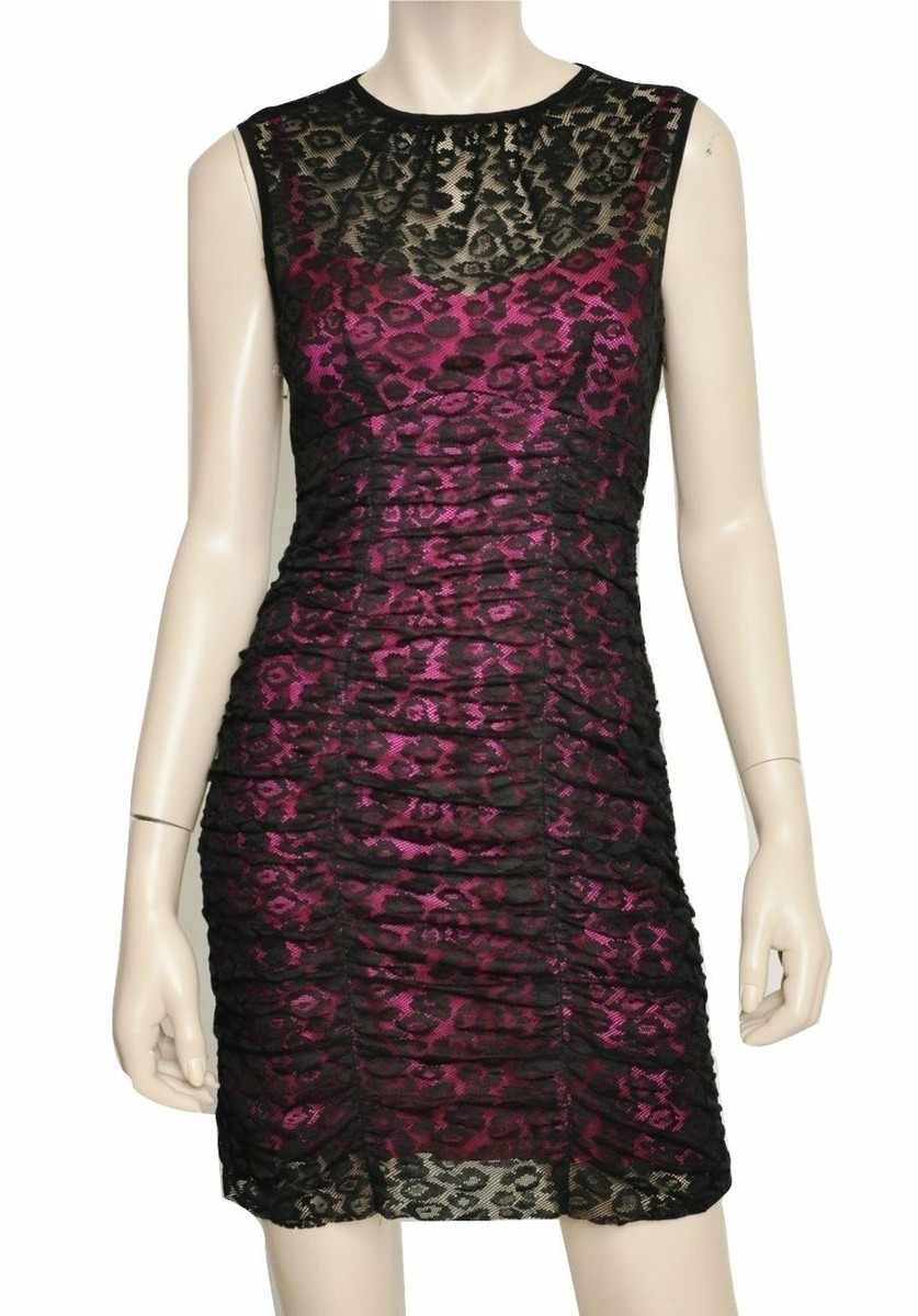 NANETTE LEPORE Beau Monde Hot Pink/Black Lace Overlay Ruch Dress 0; 12 $398