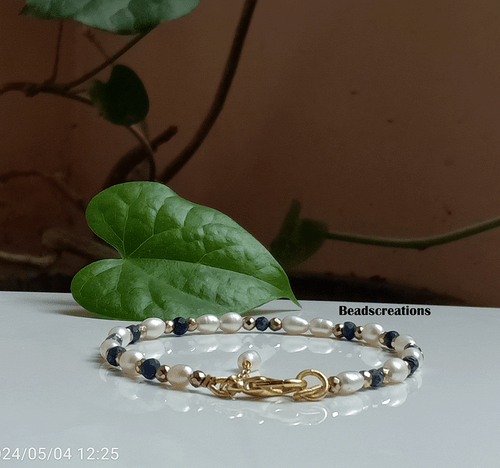 Bracciale Perla Bianca e Lapislazzuli Pirite Gioielli Perline Regalo per Lei - Foto 5 di 8