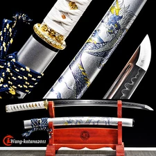 Blue Dragon Japanese Samurai Sharp Sword Wakizashi Clay Tempered T10 Real Hamon