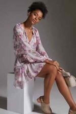 LoveShackFancy Tiered Mini Dress Popover Floral Pink Anthropologie Size L NEW