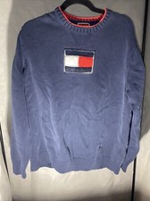 Vtg Y2K Tommy Hilfiger Sweater Premium Vintage Denim Blue w/ Flag Logo Large