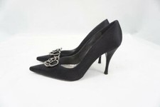 STUART WEITZMAN USED 6.5 BLACK SATIN/CRYSTAL ROSE FLOWER HEELS/PUMPS/STILETTO