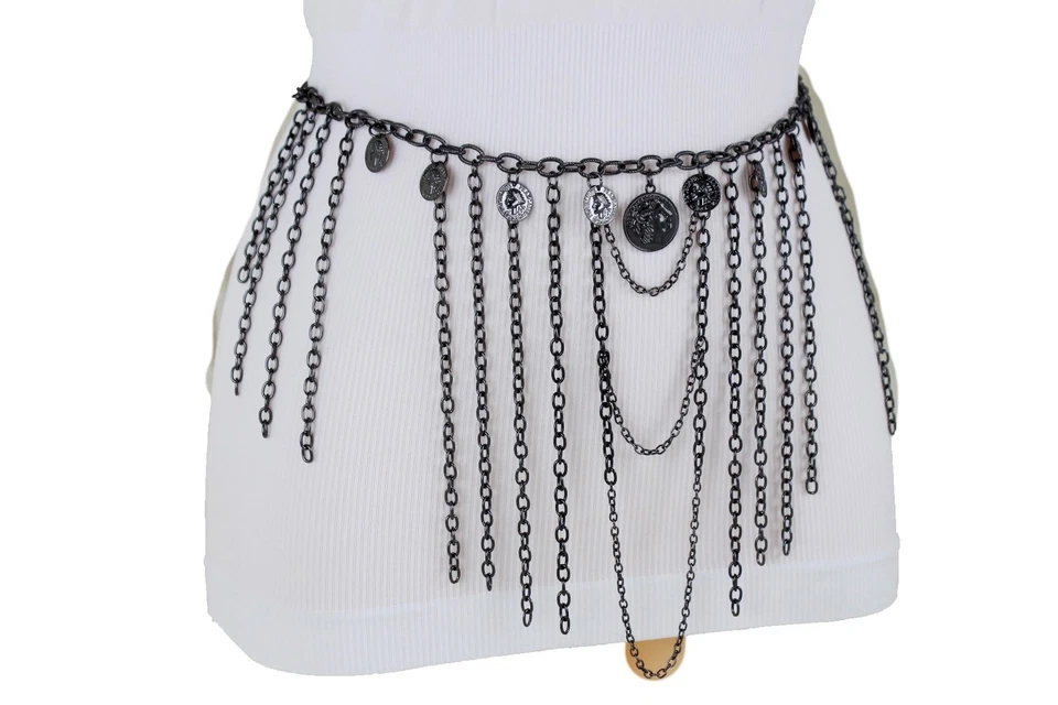 Женщин олова черный металл этнической моды ремень бедра высокая талия монета подвески XS S M - Изображение 4 из 4