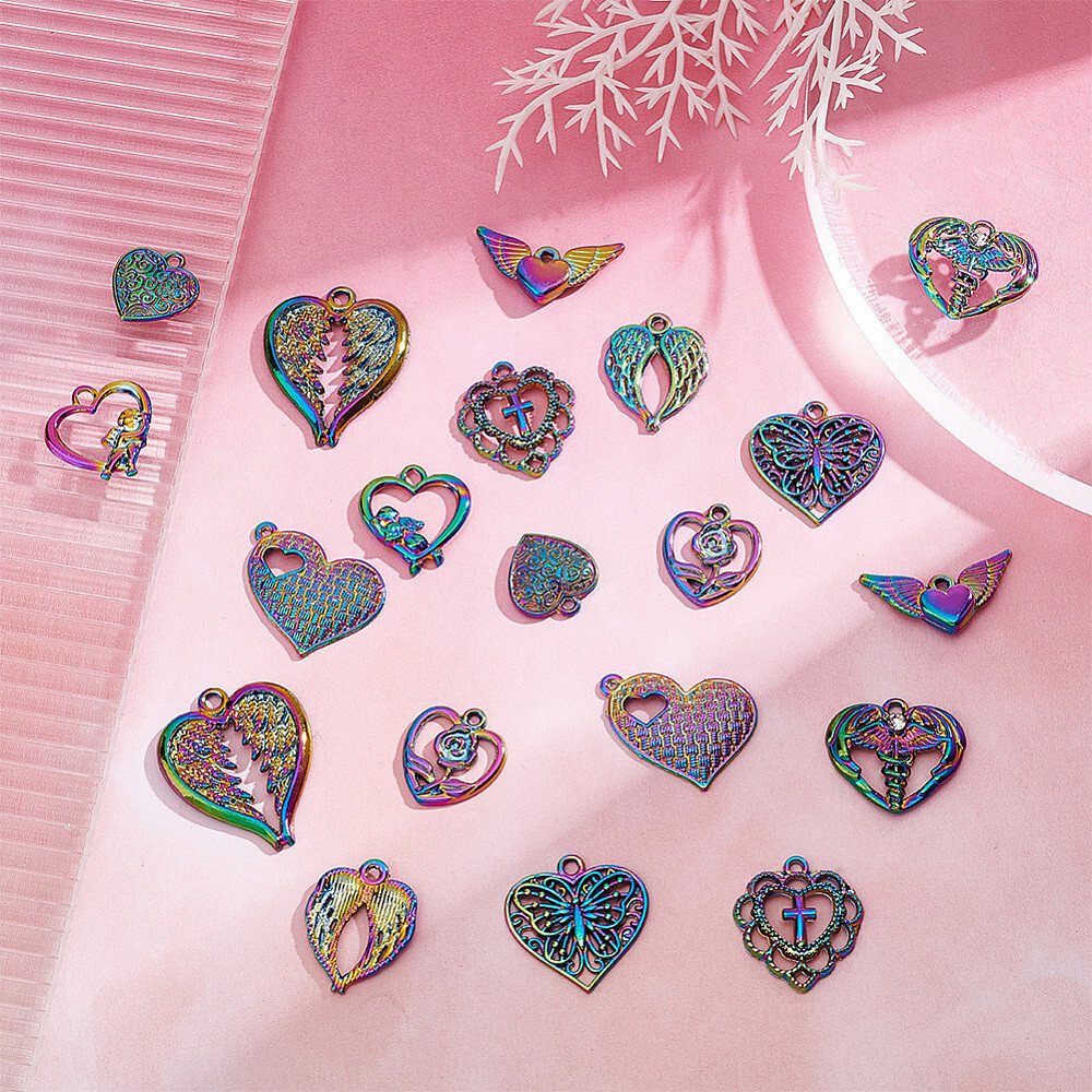 1box 20pcs 10 style Alloy Pendants Heart with Angel & Flower & Wing Rainbow