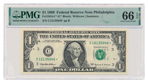 Billete de banco de los Estados Unidos $1 Philadelphia 1999 Estrella* Grado PMG como nuevo 66 EPQ - Imagen 1 de 2